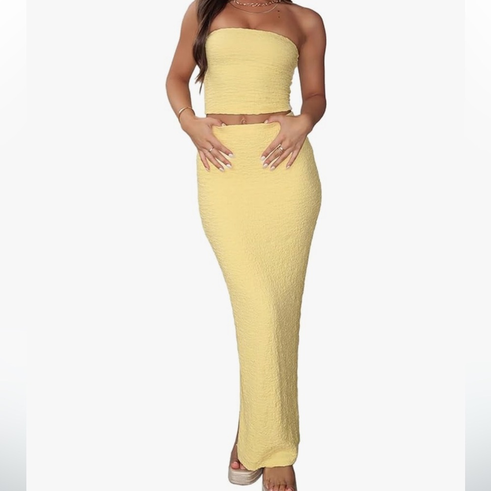 Yellow matching set strapless top & maxi skirt